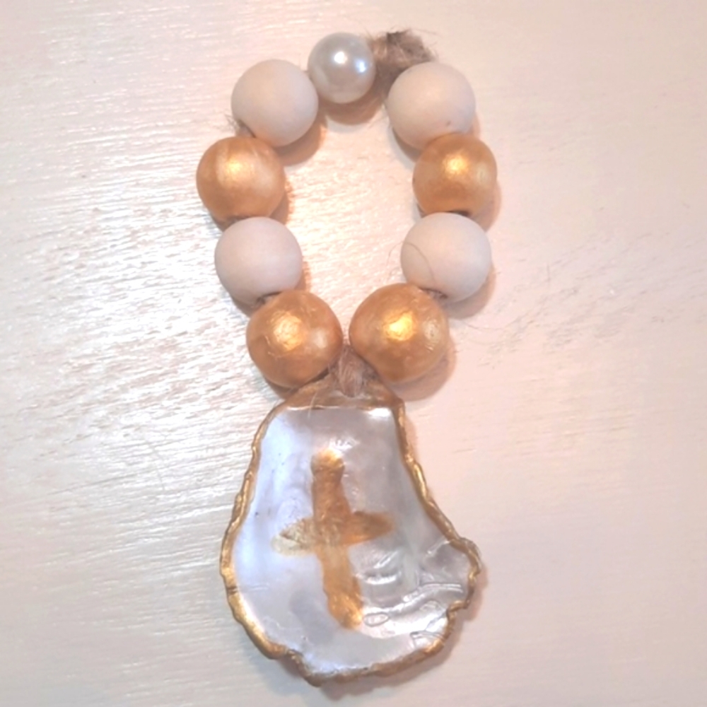Prayer Beaded Oyster Shell With Cross Accent - Coastal Decor